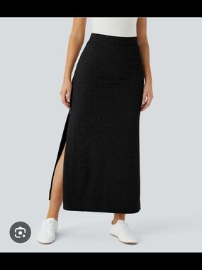 New Halara Black XL Reg. Ribbed High Waisted Hem A Line Maxi Casual Skirt #105B4